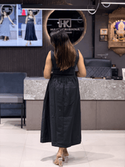 ELEGANT BLACK DENIM LONG MIDI DRESS FOR WOMEN