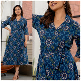 PREMIUM PRINTED COTTON MIDI DRESS WITH WAIST BELT