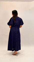 COTTON BUTTON-DOWN MIDI DRESS WITH PUFF SLEEVES