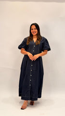 CLASSIC COTTON V-NECK BUTTON-FRONT MIDI DRESS WITH PUFF SLEEVES
