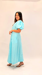 COTTON BUTTON-DOWN MIDI DRESS WITH PUFF SLEEVES
