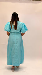 COTTON BUTTON-DOWN MIDI DRESS WITH PUFF SLEEVES