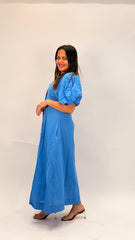 ELEGANT COTTON PUFF SLEEVE BUTTON-FRONT MIDI DRESS