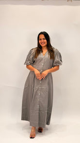 TIMELESS COTTON EMPIRE WAIST MIDI DRESS WITH STATEMENT PUFF SLEEVES