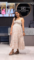 FLORAL PRINT SMOCKED COTTON MIDI DRESS WITH TIERED HEM
