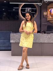 YELLOW EMBROIDERED COTTON SHORT ONE PIECE DRESS