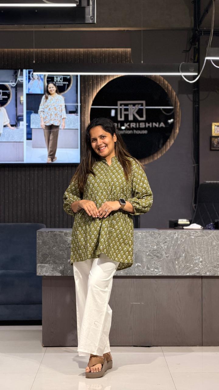 MODERN PRINTED COTTON TUNIC WITH MATCHING FLARED KHADI COTTON PLAZO