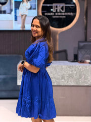 CHIC COTTON SHORT BLUE MIDI DRESS WITH PUFF SLEEVES