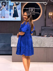 CHIC COTTON SHORT BLUE MIDI DRESS WITH PUFF SLEEVES