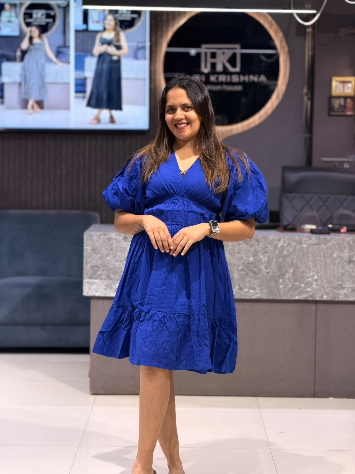 CHIC COTTON SHORT BLUE MIDI DRESS WITH PUFF SLEEVES