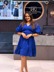 CHIC COTTON SHORT BLUE MIDI DRESS WITH PUFF SLEEVES