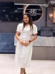 WOMEN'S WHITE COTTON ONE PIECE MIDI DRESS WITH ADJUSTABLE WAIST BELT