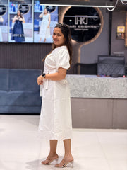 WOMEN'S WHITE COTTON ONE PIECE MIDI DRESS WITH ADJUSTABLE WAIST BELT