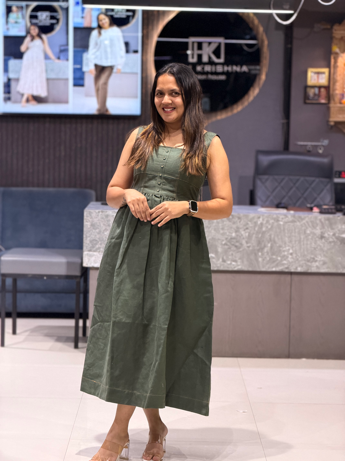 ELEGANT OLIVE GREEN DENIM LONG MIDI DRESS FOR WOMEN
