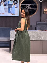 ELEGANT OLIVE GREEN DENIM LONG MIDI DRESS FOR WOMEN