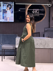ELEGANT OLIVE GREEN DENIM LONG MIDI DRESS FOR WOMEN