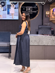 ELEGANT NAVY BLUE DENIM LONG MIDI DRESS FOR WOMEN