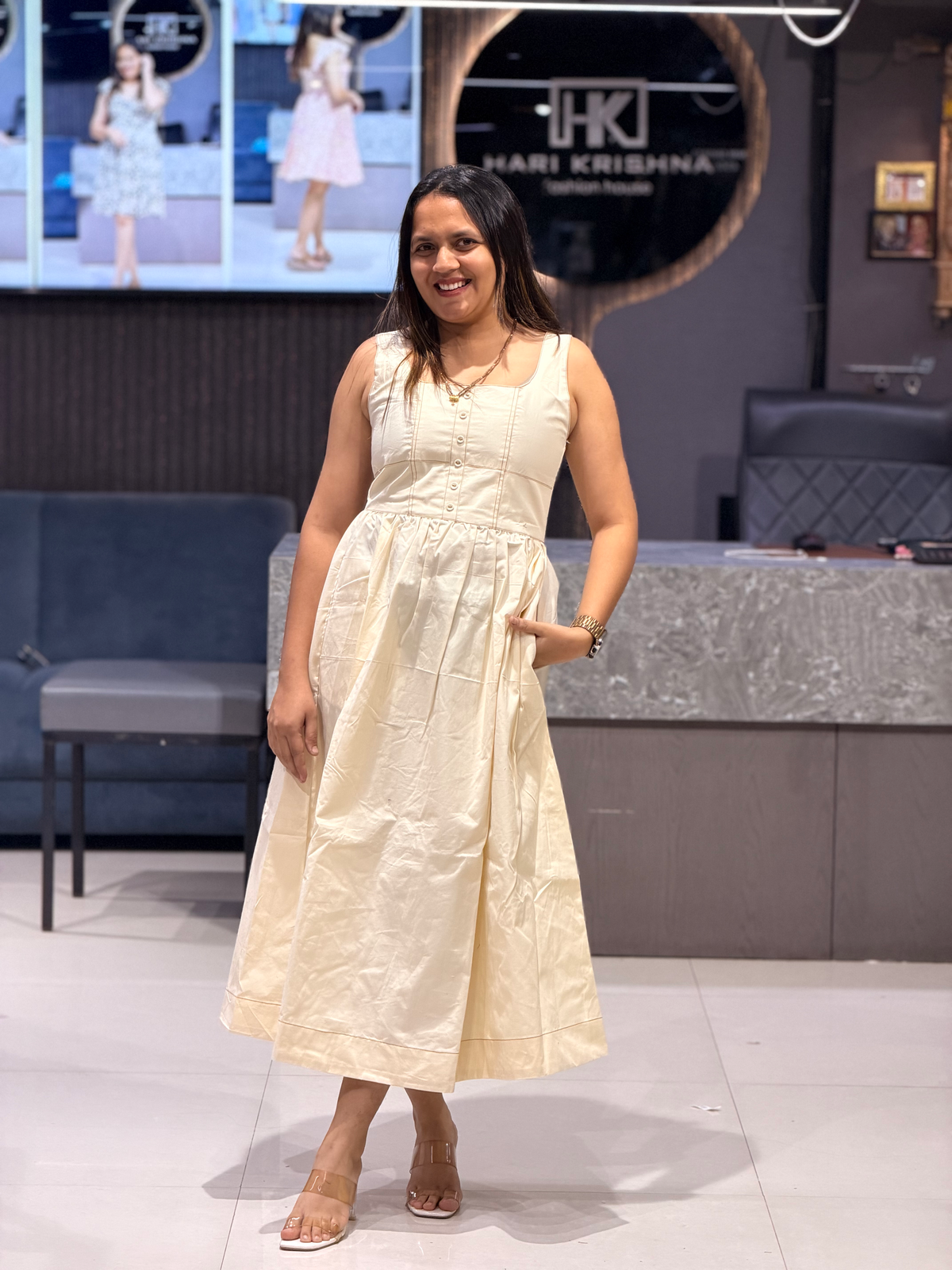 ELEGANT OFF WHITE DENIM LONG MIDI DRESS FOR WOMEN