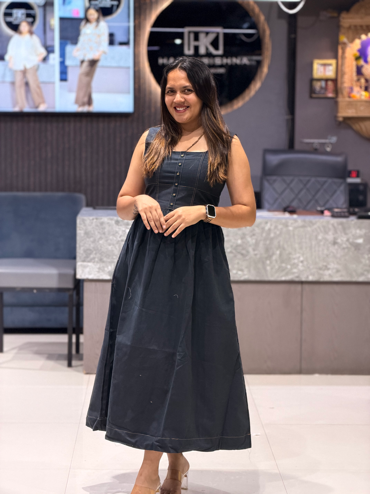 ELEGANT BLACK DENIM LONG MIDI DRESS FOR WOMEN