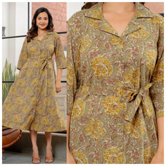 WOMEN'S COTTON SHIRT MIDI DRESS WITH TIE-UP BELT