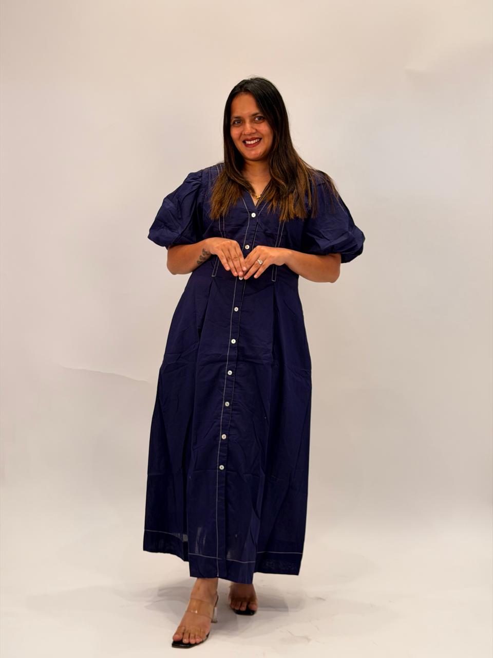 COTTON BUTTON-DOWN MIDI DRESS WITH PUFF SLEEVES