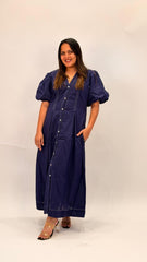 COTTON BUTTON-DOWN MIDI DRESS WITH PUFF SLEEVES
