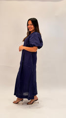 COTTON BUTTON-DOWN MIDI DRESS WITH PUFF SLEEVES