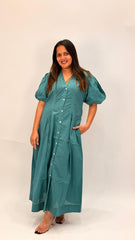 PREMIUM COTTON A-LINE BUTTON-DOWN MIDI DRESS WITH PUFF SLEEVES