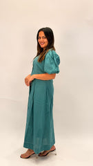 PREMIUM COTTON A-LINE BUTTON-DOWN MIDI DRESS WITH PUFF SLEEVES