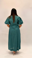 PREMIUM COTTON A-LINE BUTTON-DOWN MIDI DRESS WITH PUFF SLEEVES