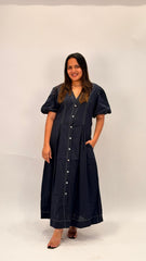 CLASSIC COTTON V-NECK BUTTON-FRONT MIDI DRESS WITH PUFF SLEEVES
