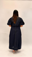 CLASSIC COTTON V-NECK BUTTON-FRONT MIDI DRESS WITH PUFF SLEEVES