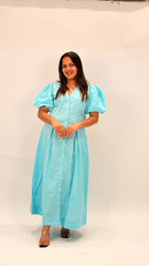 COTTON BUTTON-DOWN MIDI DRESS WITH PUFF SLEEVES