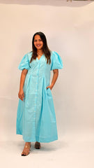 COTTON BUTTON-DOWN MIDI DRESS WITH PUFF SLEEVES