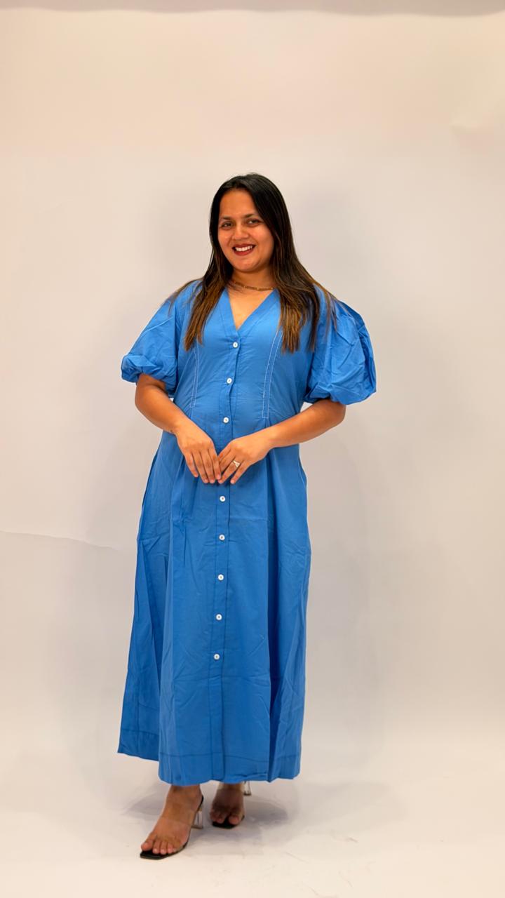 ELEGANT COTTON PUFF SLEEVE BUTTON-FRONT MIDI DRESS