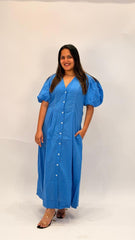 ELEGANT COTTON PUFF SLEEVE BUTTON-FRONT MIDI DRESS
