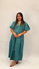PREMIUM COTTON A-LINE BUTTON-DOWN MIDI DRESS WITH PUFF SLEEVES