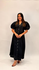 CONTEMPORARY COTTON PANELLED MIDI DRESS WITH PUFF SLEEVES