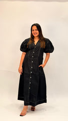 CONTEMPORARY COTTON PANELLED MIDI DRESS WITH PUFF SLEEVES