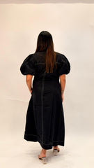 CONTEMPORARY COTTON PANELLED MIDI DRESS WITH PUFF SLEEVES