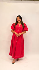 PREMIUM COTTON FIT-AND-FLARE BUTTON-DOWN MIDI DRESS