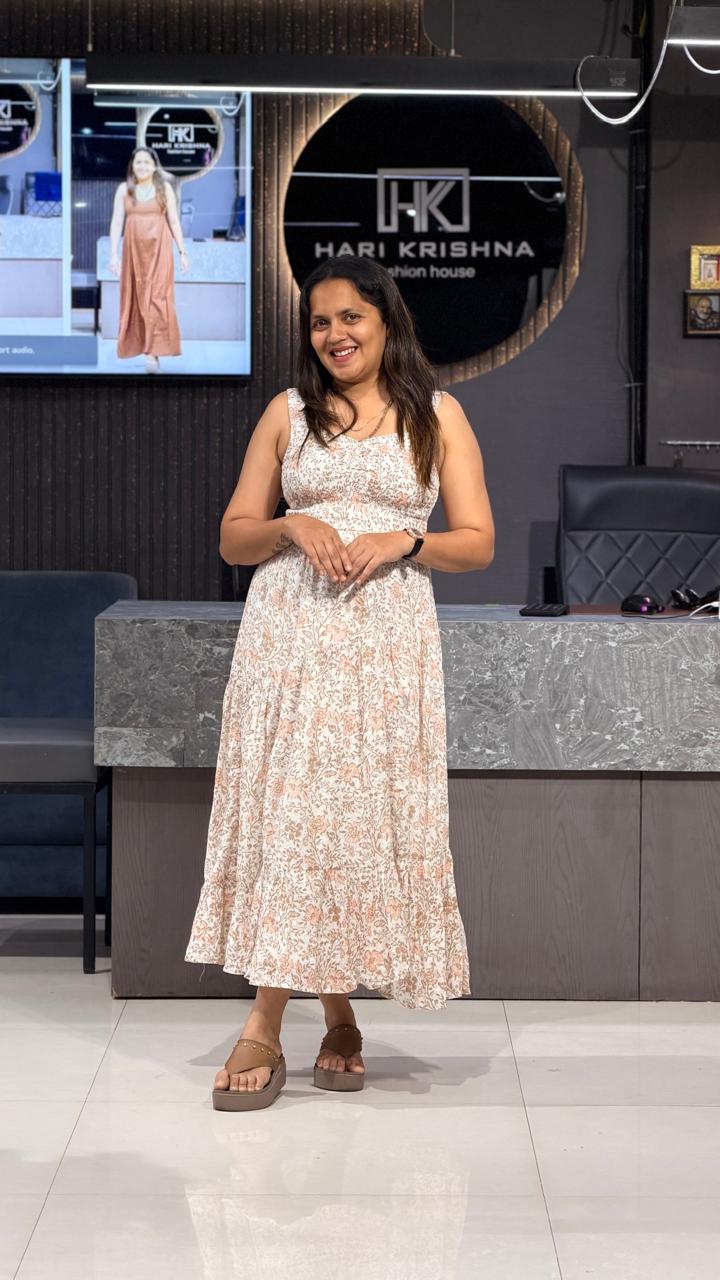FLORAL PRINT SMOCKED COTTON MIDI DRESS WITH TIERED HEM