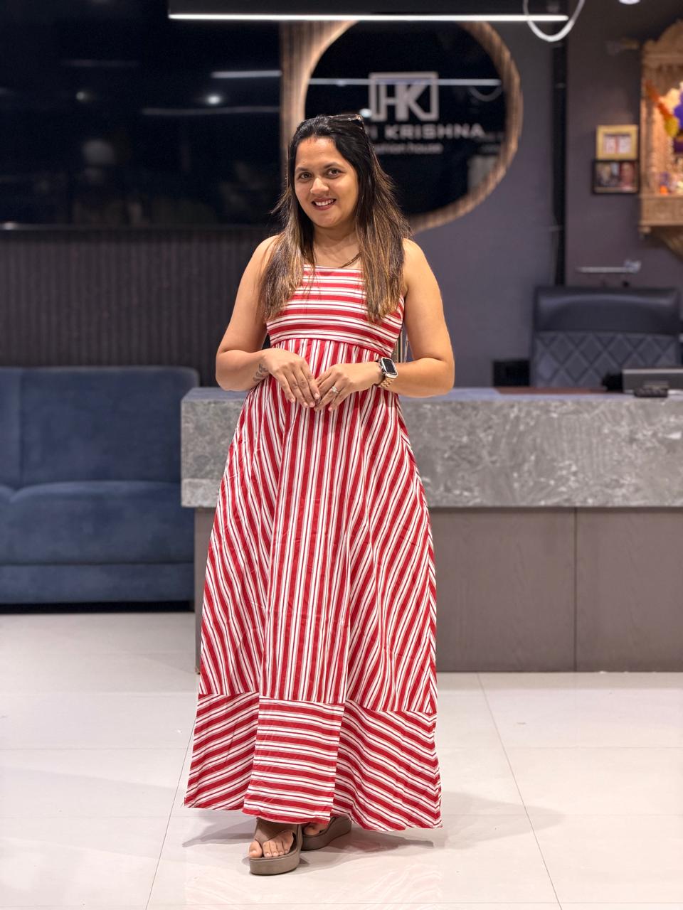 WOMEN'S STRIPED COTTON MIDI DRESS WITH POCKETS