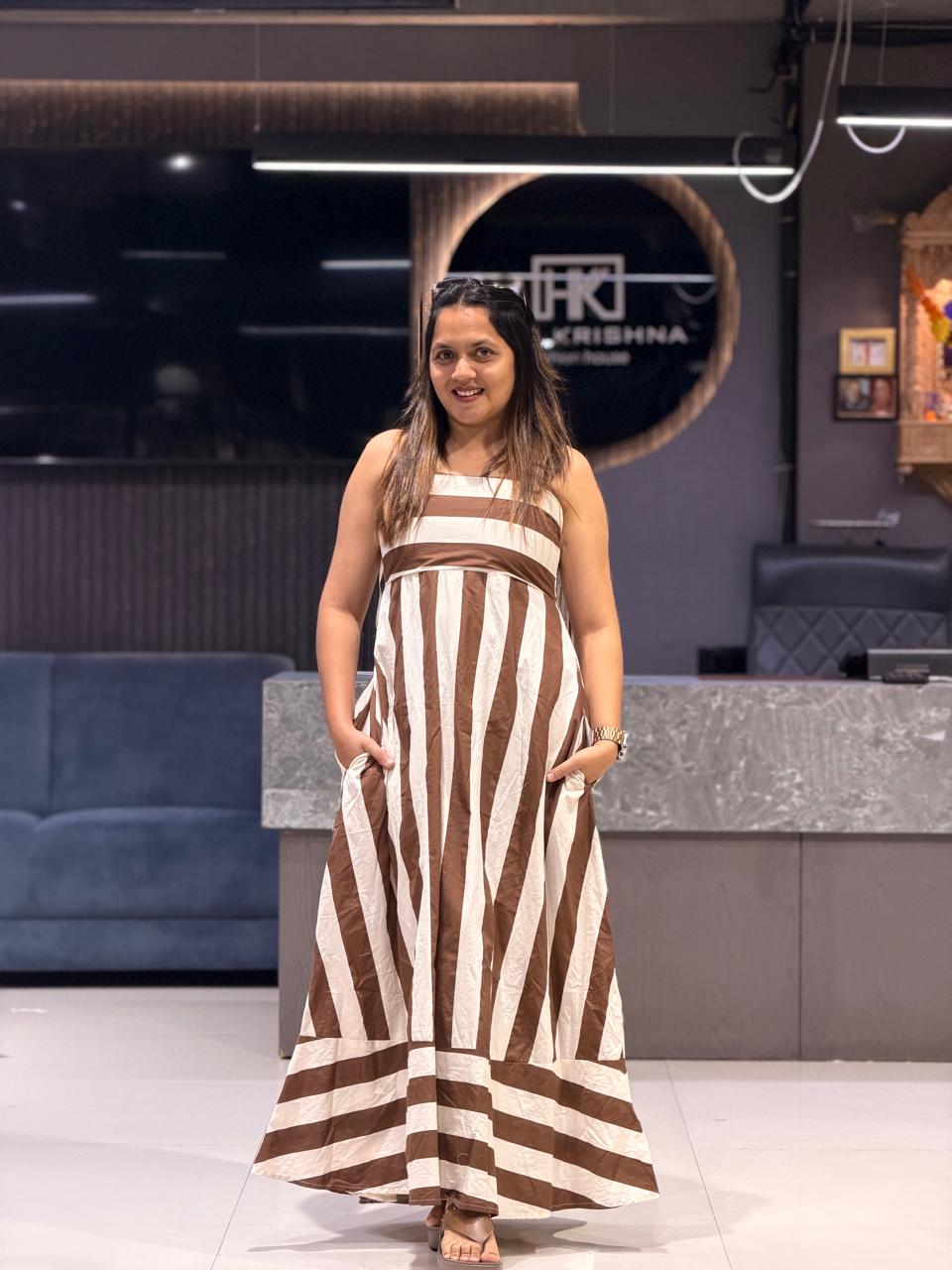WOMEN'S COTTON STRIPED MIDI DRESS WITH FLARED HEM