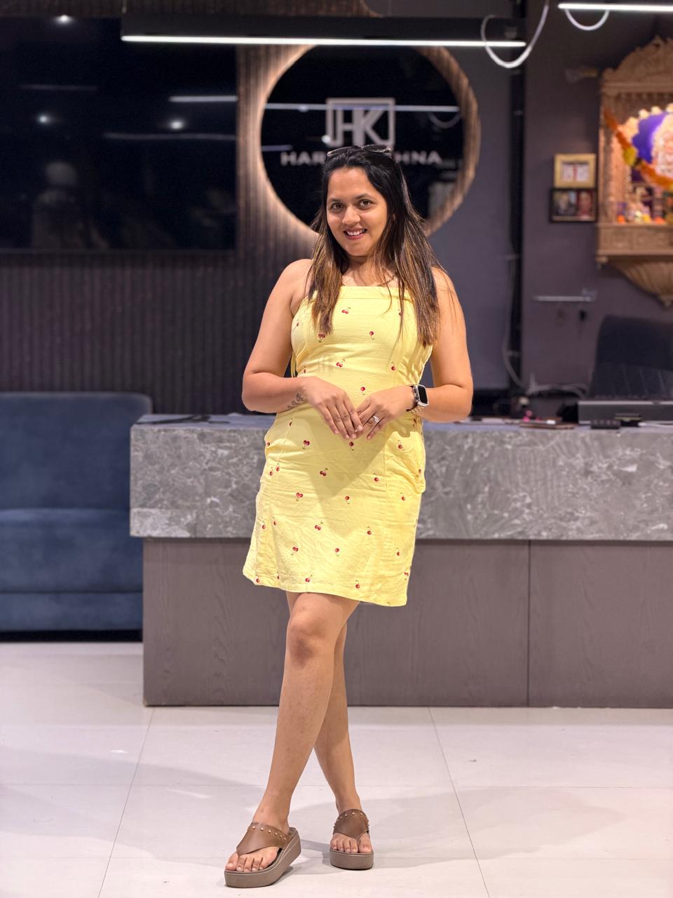 YELLOW EMBROIDERED COTTON SHORT ONE PIECE DRESS